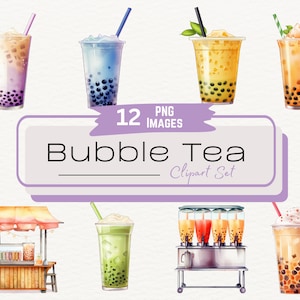 May include: A set of 12 digital illustrations of bubble tea in various flavors, including taro, mango, matcha, and milk tea. The illustrations are in a watercolor style and feature a variety of toppings, such as tapioca pearls, popping boba, and whipped cream. The set also includes illustrations of a bubble tea stand and a bubble tea dispenser.