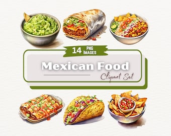 Pacote de clipart de aquarela de comida mexicana | Tacos, Burritos, Enchiladas PNG transparente | Cinco de Mayo | Ilustração de comida PNG Download instantâneo