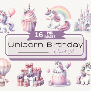 Pacchetto di clipart di compleanno di unicorno pastello carino acquerello, illustrazione di invito a una festa magica, adorabile grafica della scuola materna della fata arcobaleno PNG