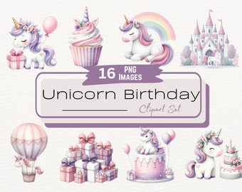 Watercolor Cute Pastel Unicorn Birthday Clipart Bundle, Magical Party Invitation Illustration, Adorable Rainbow Fairy Nursery Graphic PNG