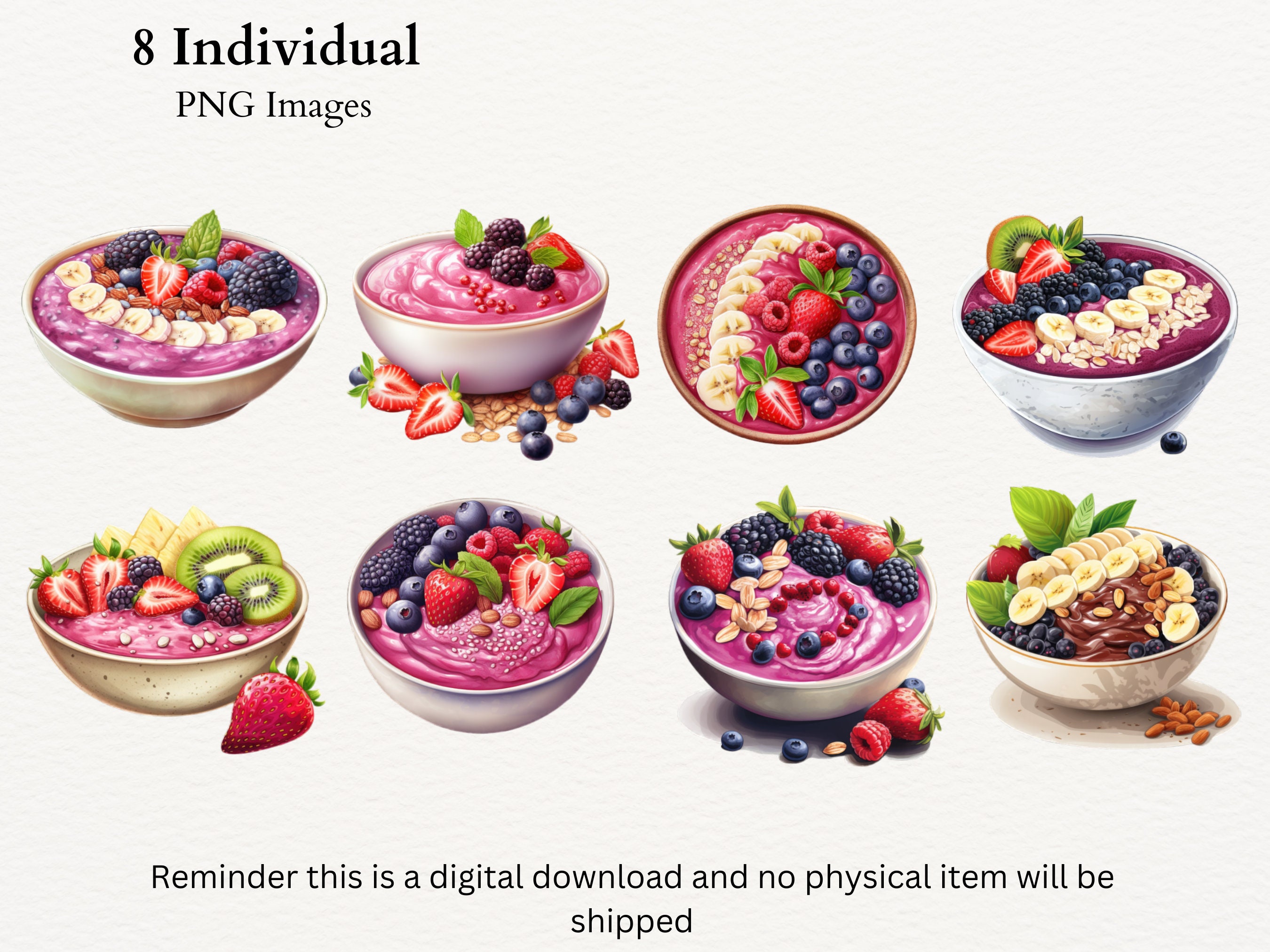 Watercolor Smoothie Bowl Clipart Bundle, Healthy Acai Fruit Bowl ...