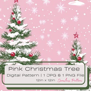 Watercolor Pink Christmas Tree Seamless Digital Download, Vintage Festive Repeating Tile Illustration, Snowy Winter Instant Paper PNG JPG