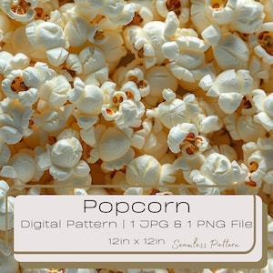 Può includere: Uno schema senza cuciture che presenta un primo piano di chicchi di popcorn. Il popcorn è bianco e soffice, con una leggera tonalità gialla. Lo schema misura 30,5 cm per 30,5 cm.