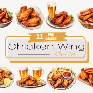 Paquete de imágenes prediseñadas de alitas de pollo estilo búfalo en acuarela, ilustraciones de arte digital de comida con plato de pollo frito y papas fritas, cerveza y alitas, PNG digital