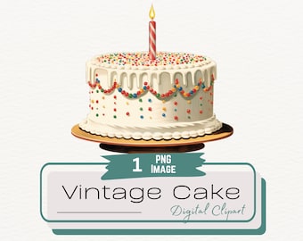 Può includere: Una torta bianca in stile vintage con codette colorate e una candela a strisce rosse e bianche in cima. La torta è su un supporto per torte dorato. Il testo "Vintage Cake" è su uno stendardo turchese.