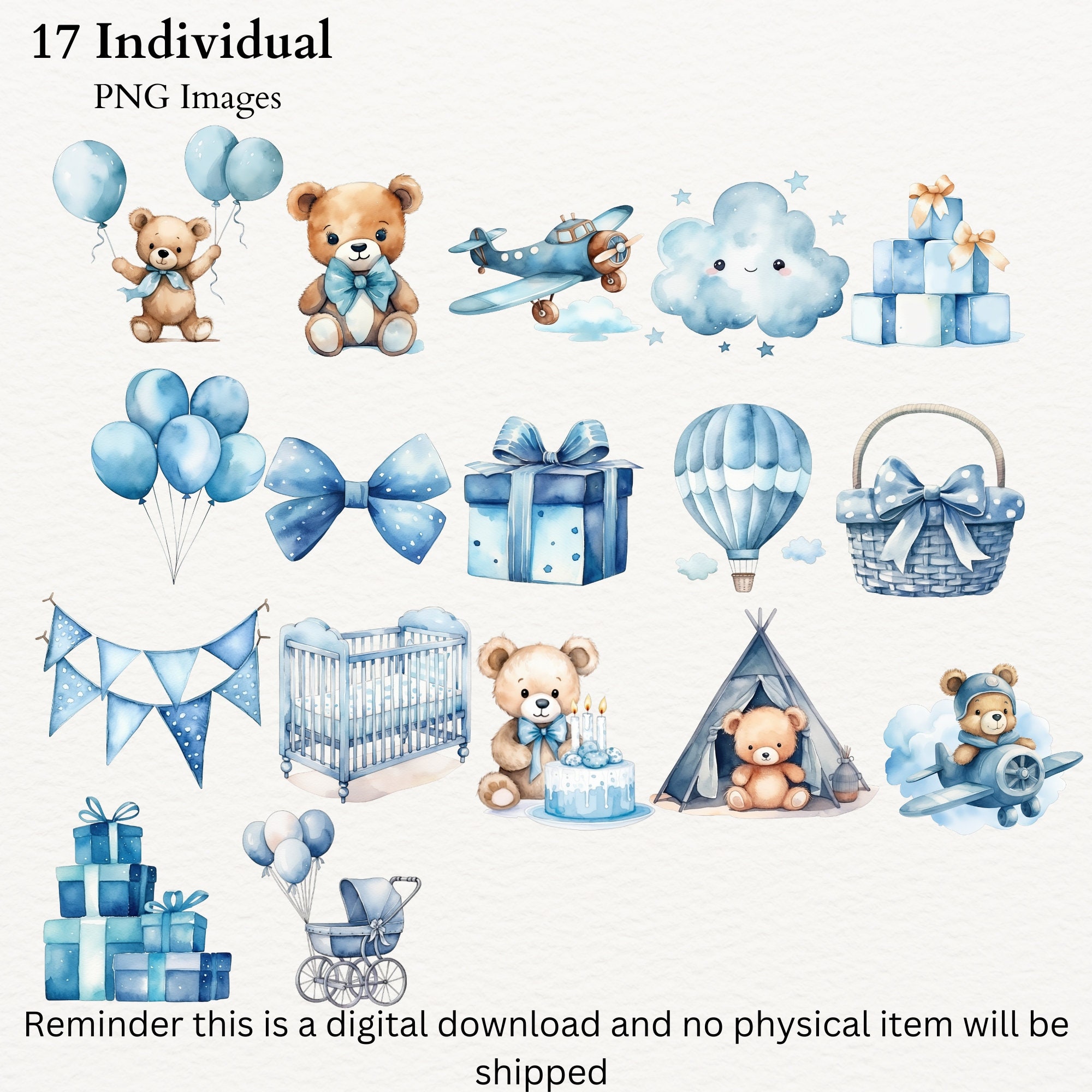 Watercolor Baby Blue Teddy Bear Clipart, Baby Shower Balloons ...
