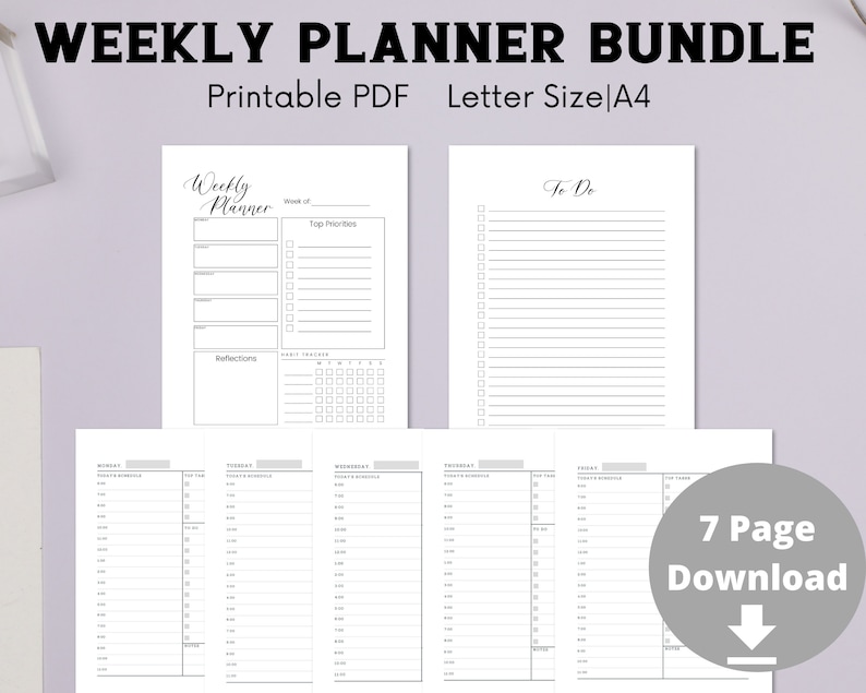 Daily Planner Printable Bundle 5 Day Hourly Planner Monday Though ...