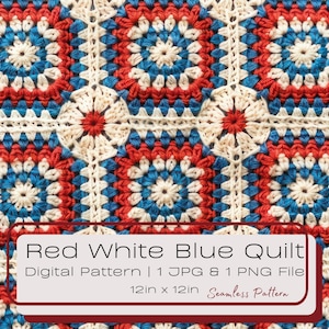 3D Rot Weiß Blau gestrickte Quilt Quadrate nahtloses digitales Muster, Unabhängigkeitstag Oma Quadrat, die Fliesenillustration Sofort PNG JPG
