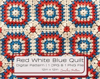 Könnte beinhalten: Ein digitales Muster für eine rot-weiß-blaue Häkeldecke. Das Muster ist 30,5 cm x 30,5 cm groß und nahtlos. Das Muster ist als JPG- und PNG-Datei verfügbar.