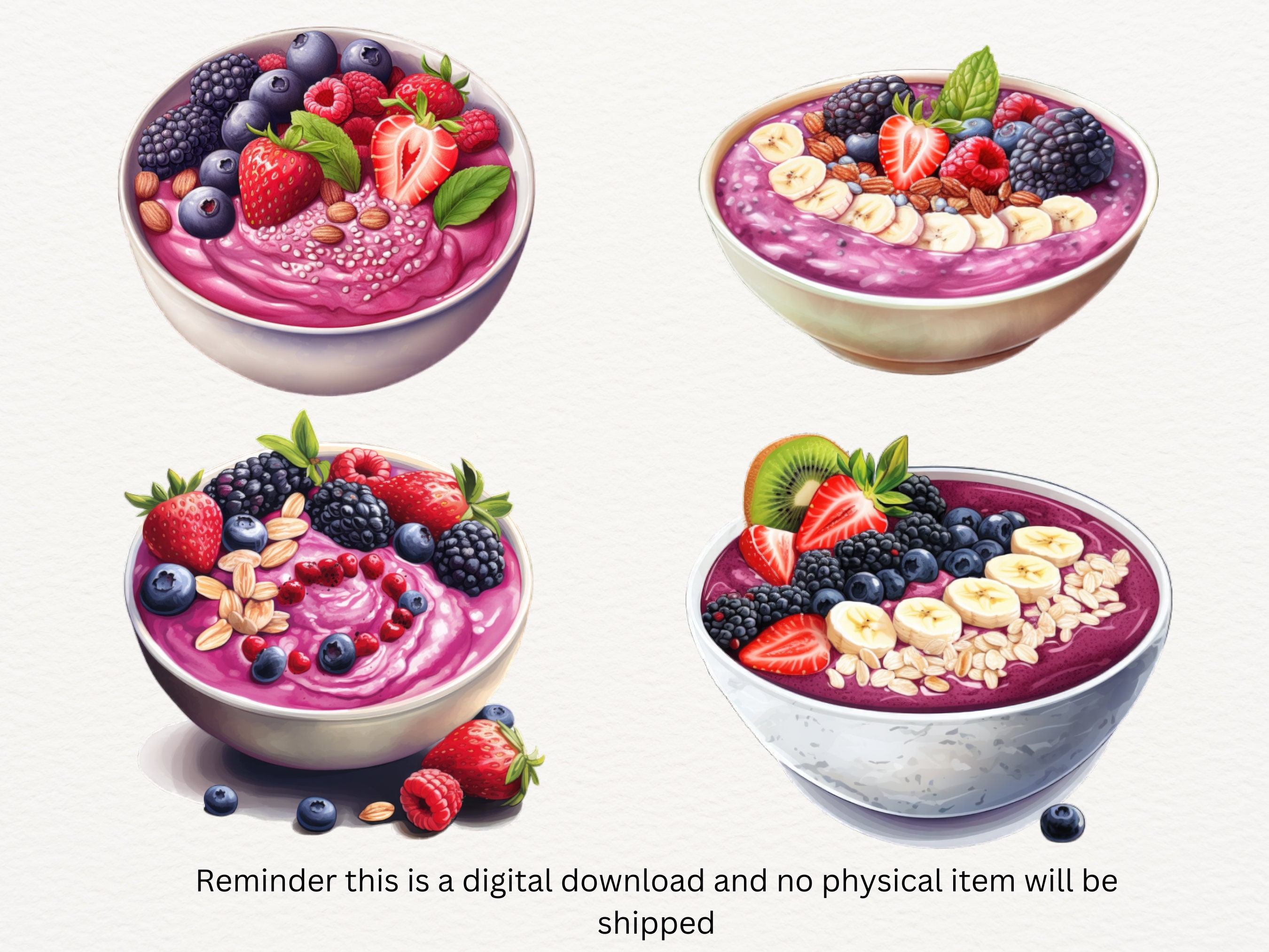 Watercolor Smoothie Bowl Clipart Bundle, Healthy Acai Fruit Bowl ...