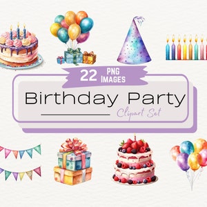 Bundle de cliparts aquarelle fête d'anniversaire mignon, illustration numérique de célébration festive PNG, gâteau d'anniversaire cadeaux ballons, téléchargement numérique