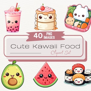 Leuke kawaii voedselstickers clipartbundel, digitale afdrukbare stickers, bentobox voedselillustraties png, schattig eten desserts, doodle clipart