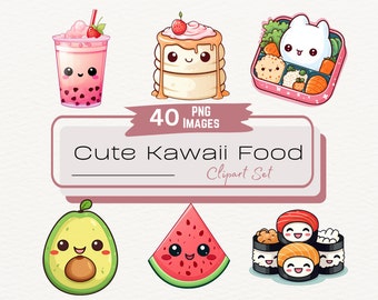 Cute Kawaii Food Stickers Clipart Bundle, Digital Printable Stickers, Bento Box Food Illustrations PNG, Cute Food Desserts, Doodle Clipart