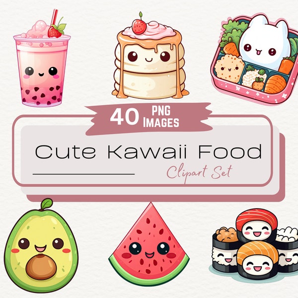 Cute Kawaii Food Stickers Clipart Bundle, Digital Printable Stickers, Bento Box Food Illustrations PNG, Cute Food Desserts, Doodle Clipart