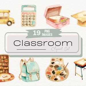 Niedliches Klassenzimmer Aquarell Clipart Bündel, Zurück in der Schule Digitale Grafik-Illustration, Pastell Kindergärtnerin Klassenzimmer Sofort PNG