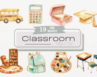 Cute Classroom Watercolor Clipart Bundle, Back to School Digital Graphic Illustration, Pastel Kindergarten Teacher Classroom Instant PNG