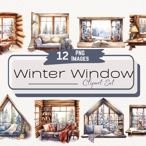 May include: Twelve watercolor illustrations of cozy winter windows with views of snowy forests and mountains. Each window features a different interior scene, including a couch, armchair, books, and a lamp. The illustrations are perfect for adding a touch of winter charm to your projects.