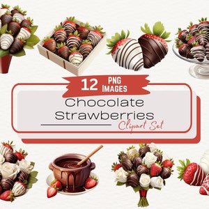 Watercolor Chocolate Covered Strawberries Valentine Clipart, Romantic Dessert Illustration, Chocolate Fondue, Dipped Strawberry, Digital PNG
