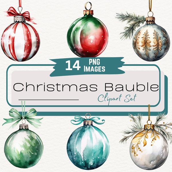 Christmas Ornament Watercolor Clipart, Holiday Baubles Clipart, Nostalgic Christmas Clipart, Retro Clipart, Instant Digital Download PNG