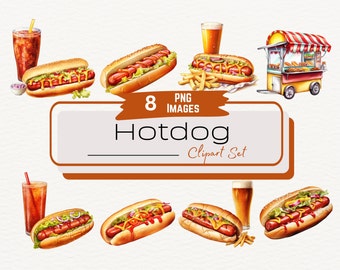 Watercolor Hotdog Clipart, Fast Food Hotdog Stand Illustration PNG, Digital Fast Food Clipart, Digital Food Graphics, Concession Stand Art