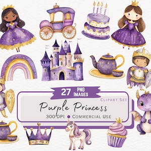 Lindo paquete de imágenes prediseñadas de princesa morada en acuarela, ilustraciones gráficas de cumpleaños reales de cuentos de hadas mágicos, adorable fiesta de té lila PNG digital