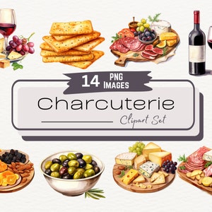 Aquarell Charcuterie Board Clipart Bundle, handwerkliche Fleisch- und Käseplatte, digitale Food Art Illustration, Vorspeisenplatte PNG