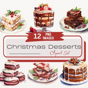 Christmas Desserts Watercolor Clipart Set, Christmas Cookies, Holiday Cake Illustration, Vintage Winter Desserts, Christmas Treats PNG