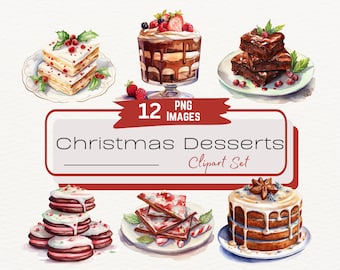Christmas Desserts Watercolor Clipart Set, Christmas Cookies, Holiday Cake Illustration, Vintage Winter Desserts, Christmas Treats PNG