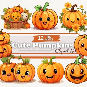 Schattige aquarel pompoen clipart, kawaii pompoen patch clipart, herfst kaarten maken, Happy Fall pompoenen, junk Journal, digitale download, png