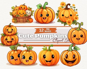 Niedlicher Aquarell Kürbis Clipart, Kawaii Kürbis Patch Clipart, Herbst Kartenherstellung, Glücklicher Herbst Kürbisse, Junk Journal, digitaler Download PNG