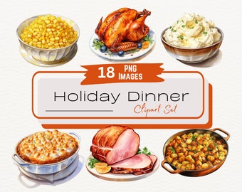 Watercolor Holiday Dinner Clipart, Thanksgiving Fall Dinner, Christmas Winter Dinner, Thanksgiving Food Clipart, Dinner Food Clipart PNG