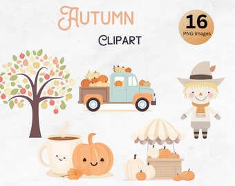 Fall Seasonal Clipart Bundle Set | Thanksgiving Clipart PNG | Transparent Cute Fall Clipart | Instant Download