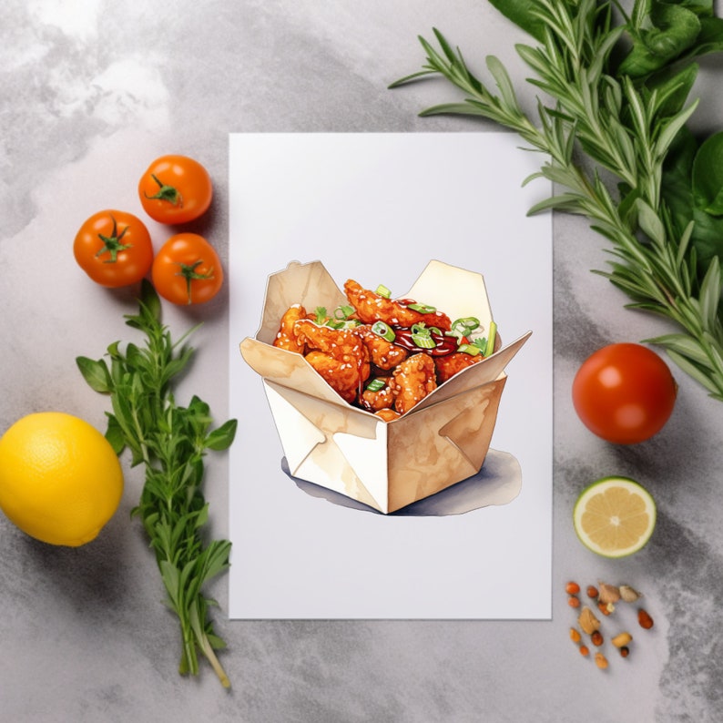 May include: A watercolor illustration of a white takeout container filled with orange chicken. The container is sitting on a white surface with a few tomatoes and a lemon.