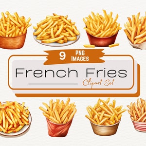 Frieten aquarel clipartbundel, fastfood digitale afbeelding PNG, comfortfood-afbeeldingen, diner food-graphics, Instant Download