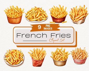 French Fries Watercolor Clipart Bundle, Fast Food Digital Illustration PNG, Comfort Food Images, Diner Food Graphics, Instant Download