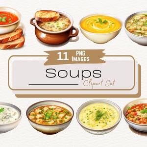 Pacote de clipart de sopa de aquarela, ilustração de refeição aconchegante, ilustrações de arte digital de comida, gráficos de sopa e pão, cozinha de inverno, PNG digital