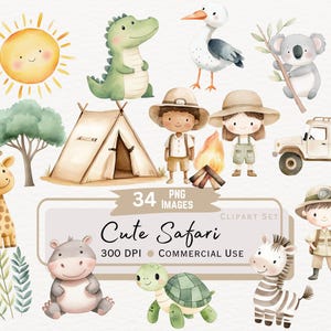 Cute Watercolor Safari Clipart Bundle, Adorable Illustrations for Baby Shower Decor, Baby Animals, Boho Nursery Digital Graphics Instant PNG