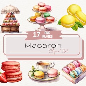 Süßes Aquarell Macaron Clipart-Set, 17 Macaron-Abbildungen, Französischer Nachtisch, Nachmittagstee, Lebensmittel-Illustrationspaket, digitaler Download PNG