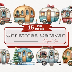 Lindo paquete de imágenes prediseñadas de caravana navideña, ilustración gráfica digital de senderismo y acampada en invierno, casa rodante de vacaciones, RV de vacaciones PNG instantáneo