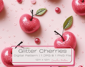 3D Sequin Glitter Cherry Seamless Digital Pattern, Cute Fruit Repeating Digital Illustration, Instant Download Fruit Pattern PNG JPG