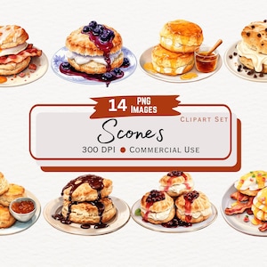 Aquarell Frühstück Scones Digital Clipart Bundle, Morgen Kekse Lebensmittel Illustrationsgrafik, Süßes Café Menü Aquarell Sofort PNG