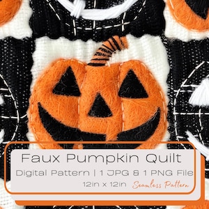 Faux Kürbis Quilt Patch Nahtloses digitales Muster, Halloween Jack O Lantern-Wiederholung Tile Illustration, saisonale Stoffdatei PNG JPG