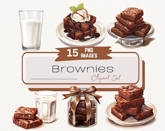 Chocolate Brownies Watercolor Clipart, Baked Dessert, Chocolate Chip, Brownies and Milk, Bake Sale Clipart, Bakery Good, Digital Download