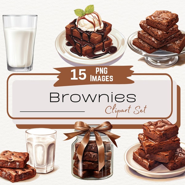 Chocolate Brownies Watercolor Clipart, Baked Dessert, Chocolate Chip, Brownies and Milk, Bake Sale Clipart, Bakery Good, Digital Download