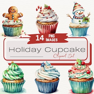 Weihnachten Cupcake Aquarell Clipart Bundle, Urlaub Cupcake transparente Clipart-Set, Dessert, Urlaub Backen Clipart, Instant Download PNG