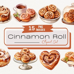 May include: A set of 15 digital illustrations of cinnamon rolls with white frosting. The illustrations are in a watercolor style and feature various shapes and sizes of cinnamon rolls, including a heart-shaped cinnamon roll. The text "15 PNG IMAGES" and "cinnamon roll clipart set" is included in the image.