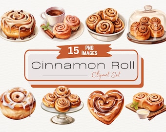 Watercolor Cinnamon Roll Clipart Set, Cute Breakfast Pastry Dessert Illustration, Digital Food Art, Sweet Roll and Coffee, Download PNG