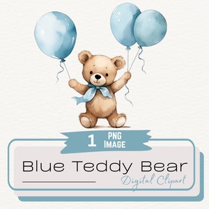 Un seul bébé bleu ours en peluche aquarelle Clipart, Illustration de ballons de baby shower, décoration de chambre de bébé garçon, téléchargement immédiat PNG