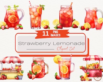 Watercolor Strawberry Lemonade Clipart Bundle, Refreshing Summer Drinks, Pink Lemonade Illustration PNG, Fresh Squeezed Lemon Digital PNG