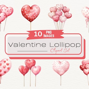 Conjunto de clipart de pirulito de aquarela para namorados, doces de loja de doces rosa e vermelho, ilustração de arte digital de comida PNG, sobremesa de amor, download digital